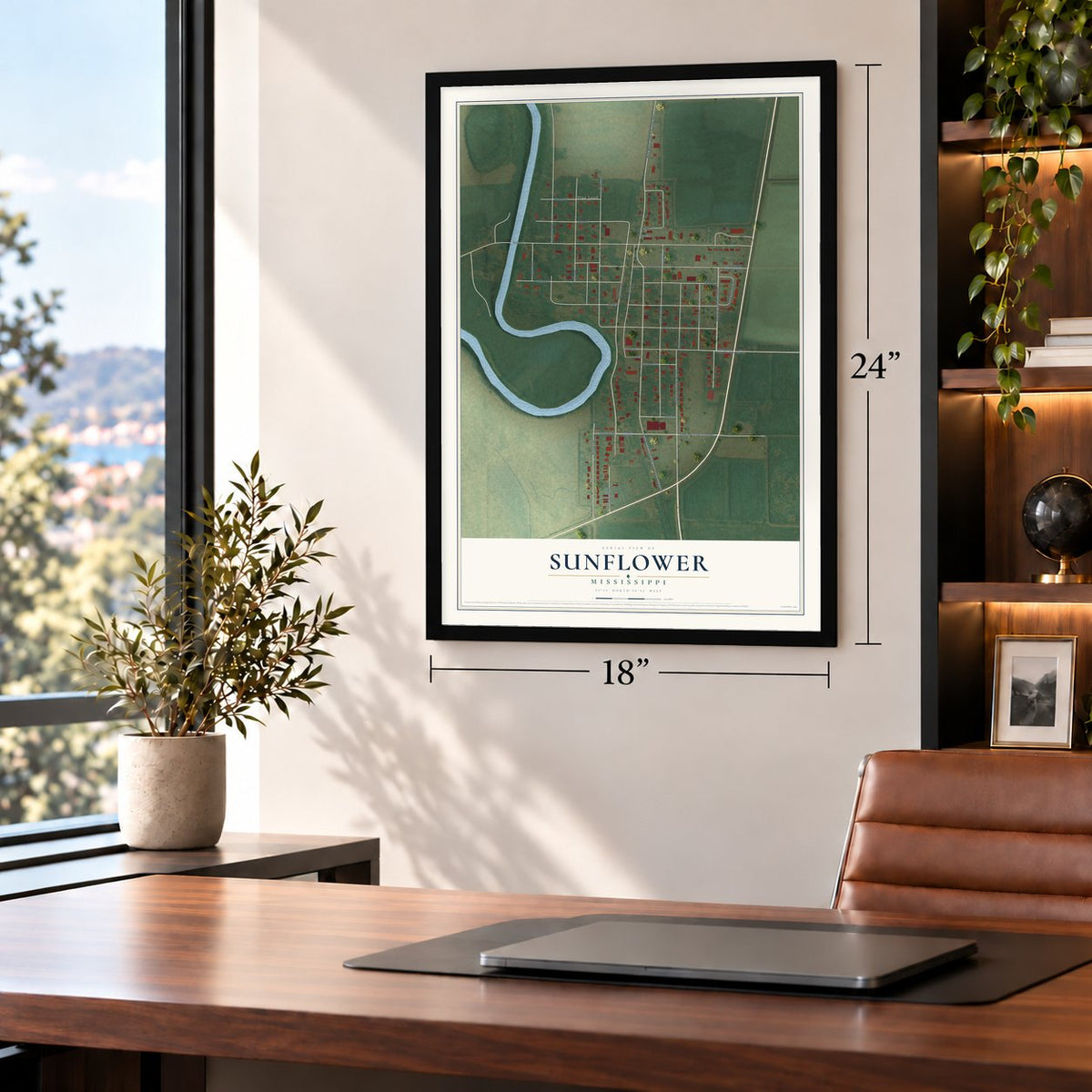 Sunflower, Mississippi map, 18 x 24 inch print in a black frame in a home office