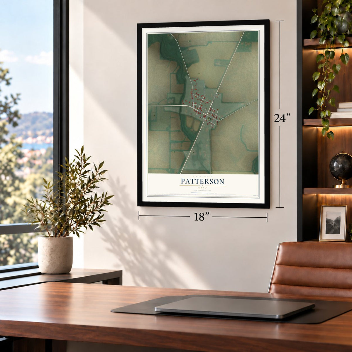 Patterson, Ohio map, 18 x 24 inch print in a black frame in a home office
