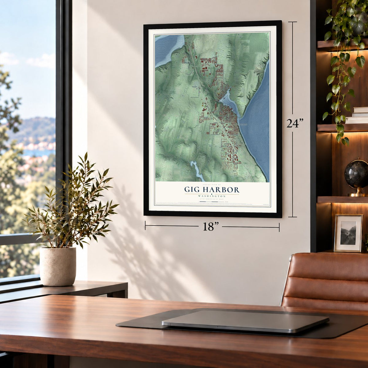 Gig Harbor, Washington map, 18 x 24 inch print in a black frame in a home office