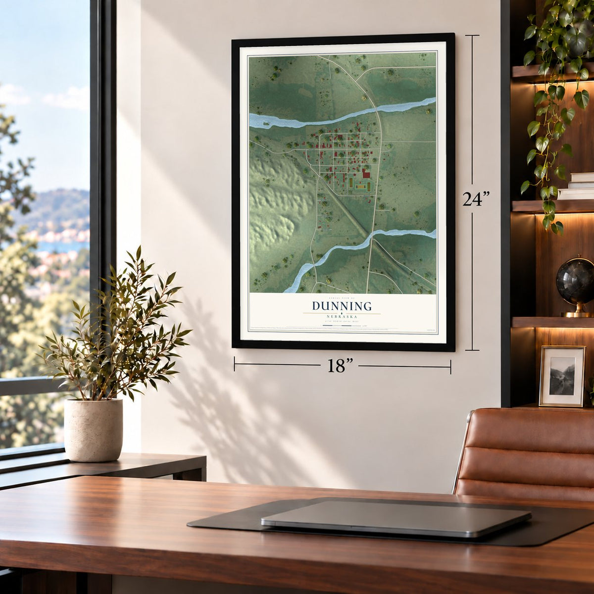 Dunning, Nebraska map, 18 x 24 inch print in a black frame in a home office