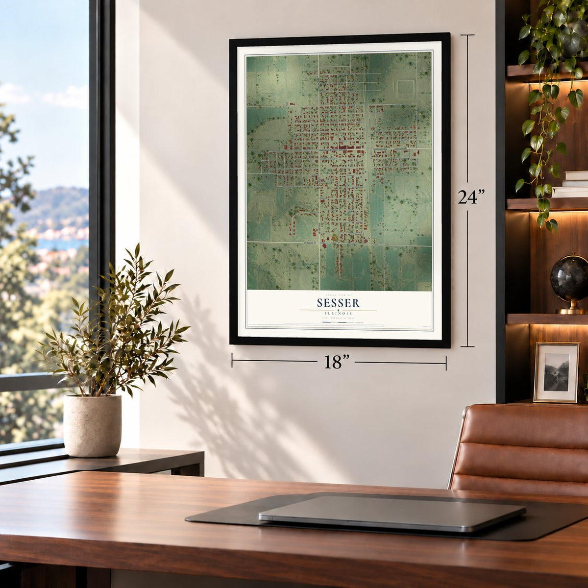 Sesser, Illinois map, 18 x 24 inch print in a black frame in a home office