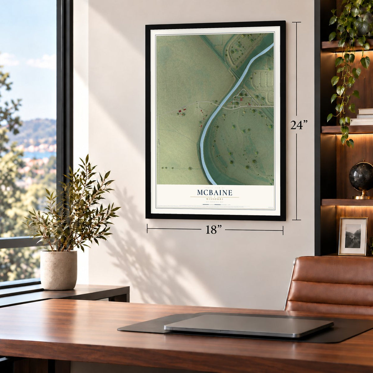 McBaine, Missouri map, 18 x 24 inch print in a black frame in a home office