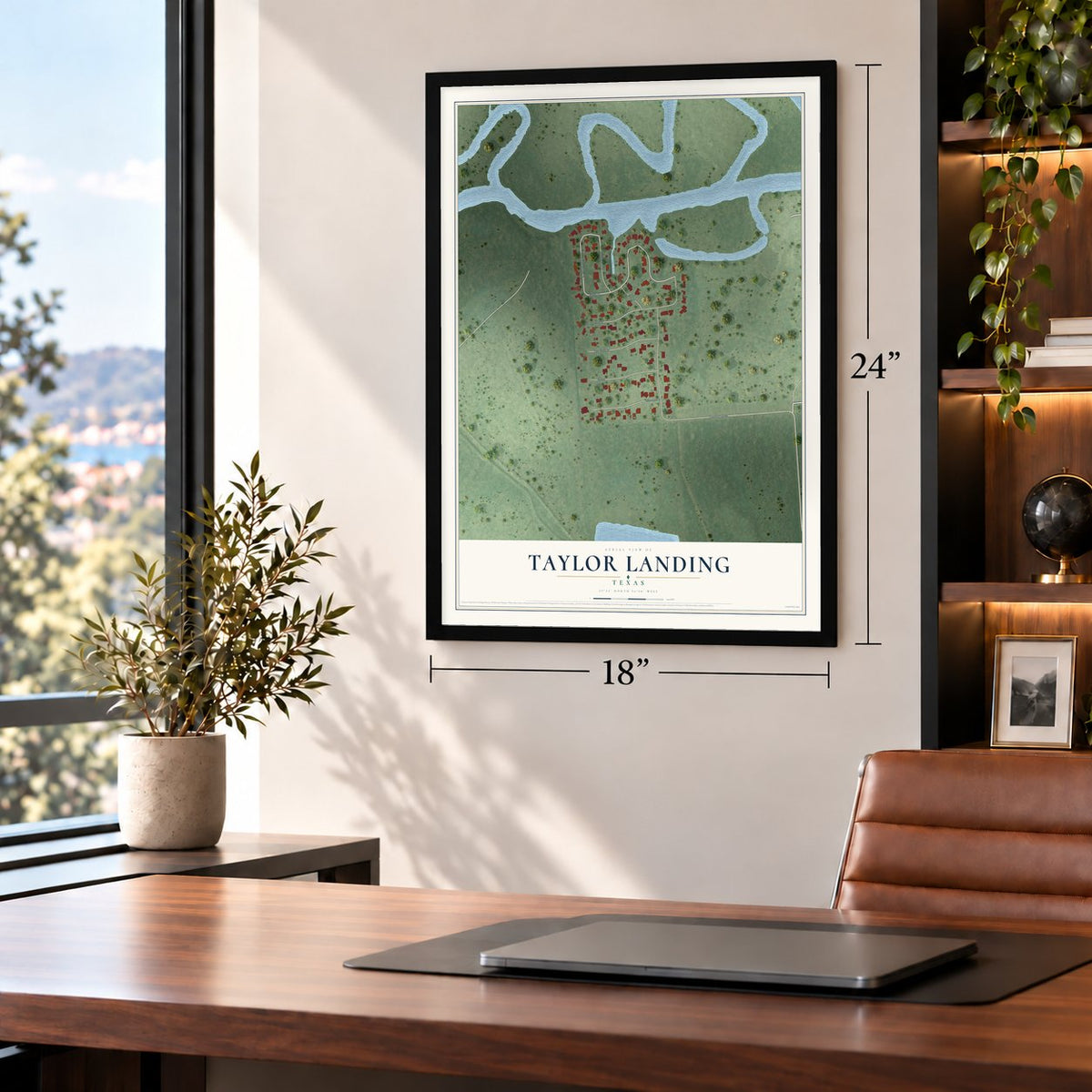 Taylor Landing, Texas map, 18 x 24 inch print in a black frame in a home office