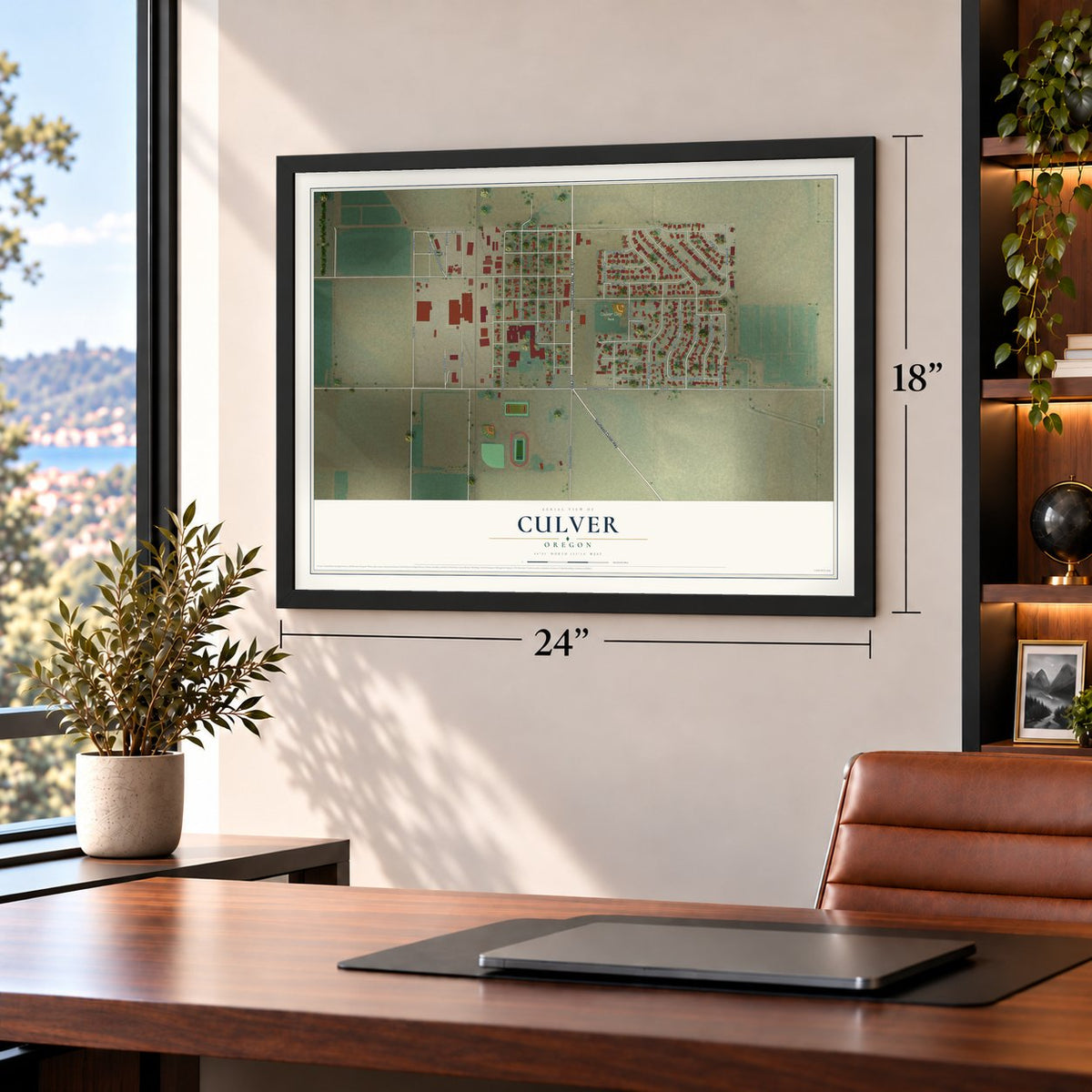 Culver, Oregon map, 18 x 24 inch print in a black frame in a home office