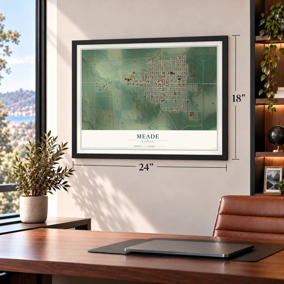 Meade, Kansas map, 18 x 24 inch print in a black frame in a home office
