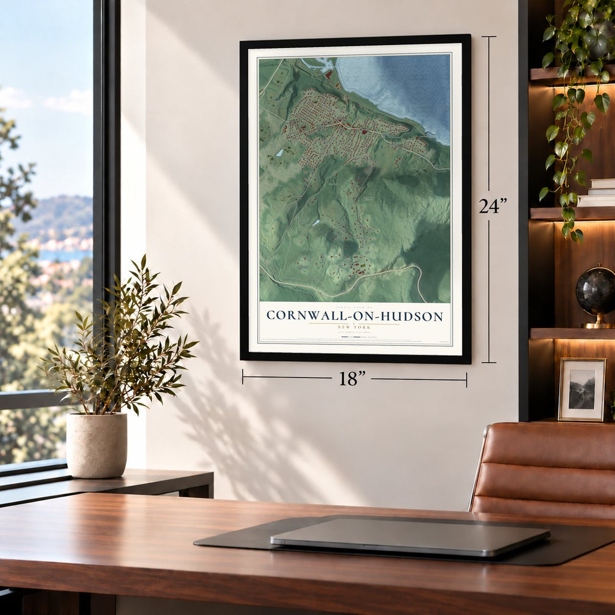 Cornwall-on-Hudson, New York map, 18 x 24 inch print in a black frame in a home office