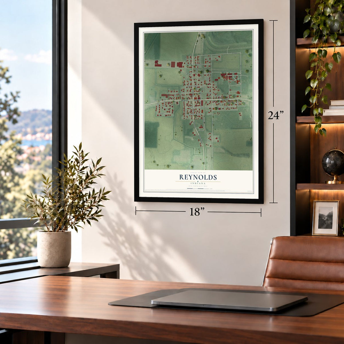 Reynolds, Indiana map, 18 x 24 inch print in a black frame in a home office