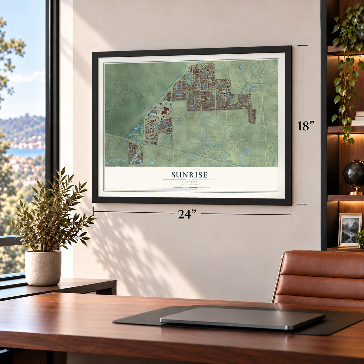 Sunrise, Florida map, 18 x 24 inch print in a black frame in a home office