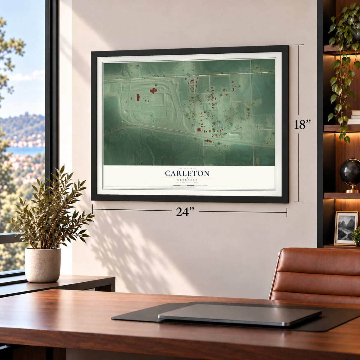 Carleton, Nebraska map, 18 x 24 inch print in a black frame in a home office