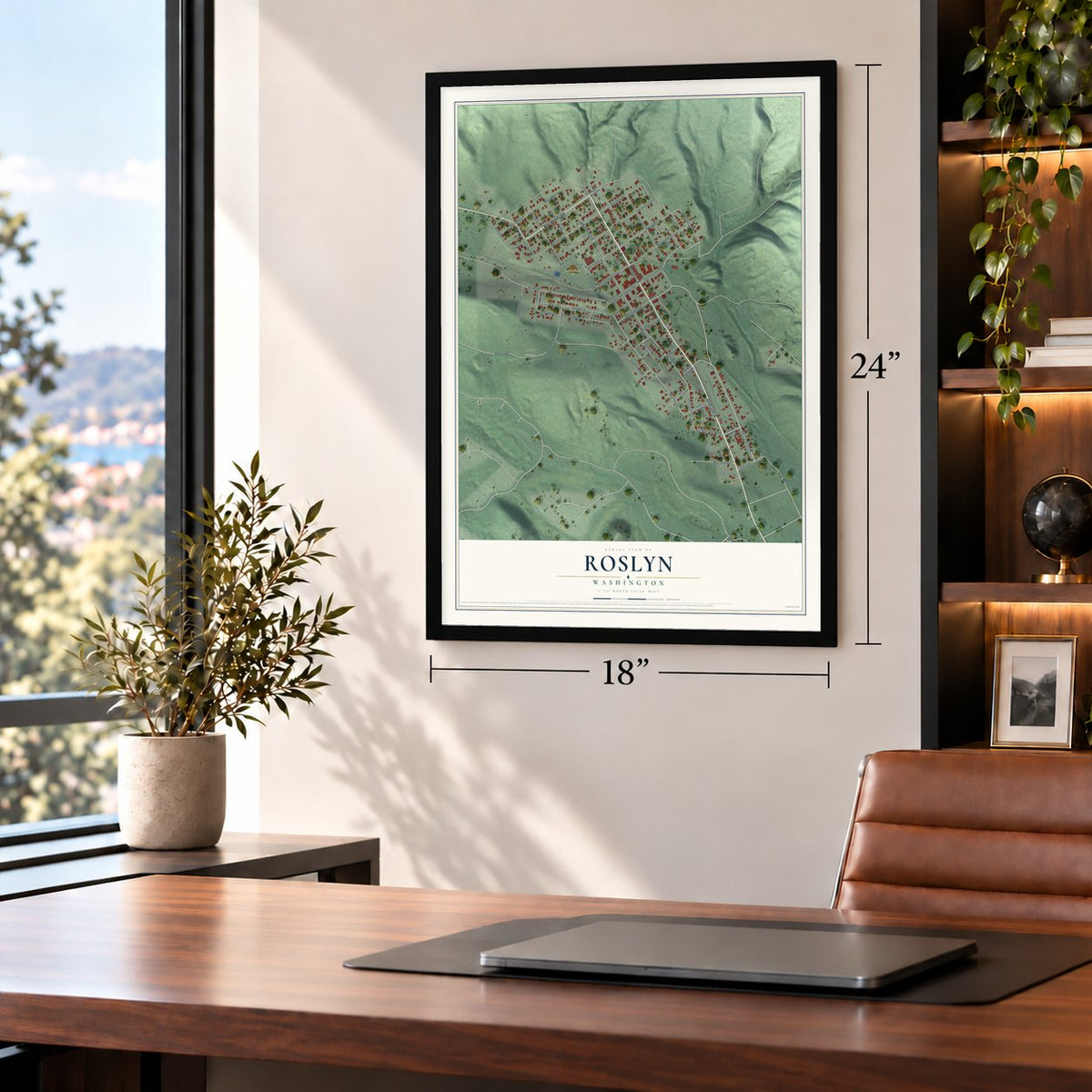 Roslyn, Washington map, 18 x 24 inch print in a black frame in a home office