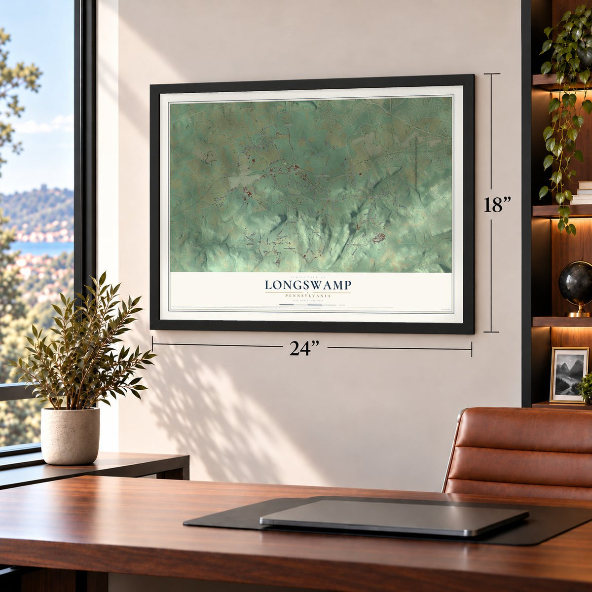 Longswamp, Pennsylvania map, 18 x 24 inch print in a black frame in a home office