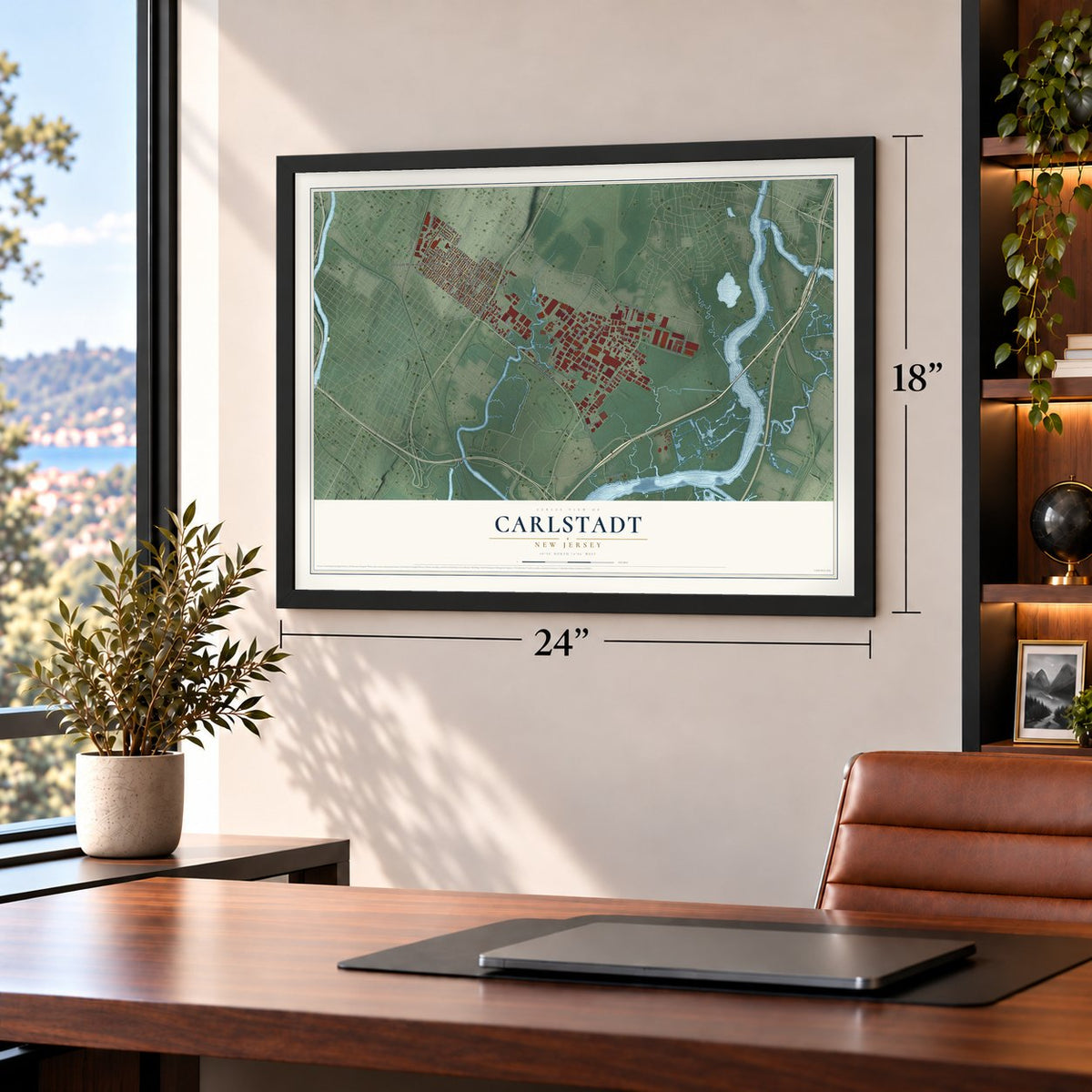 Carlstadt, New Jersey map, 18 x 24 inch print in a black frame in a home office