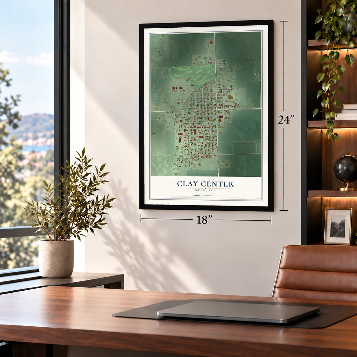 Clay Center, Nebraska map, 18 x 24 inch print in a black frame in a home office