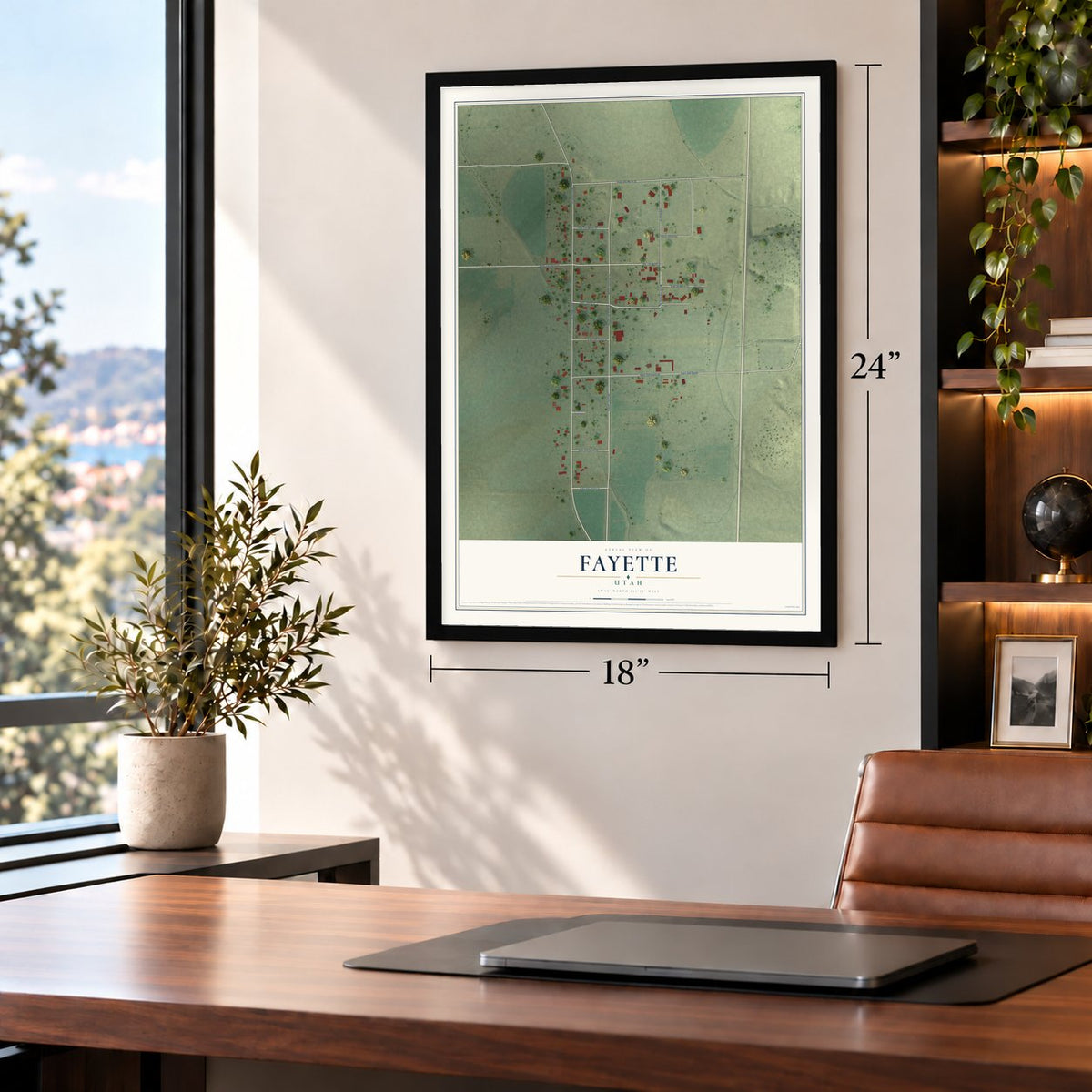 Fayette, Utah map, 18 x 24 inch print in a black frame in a home office