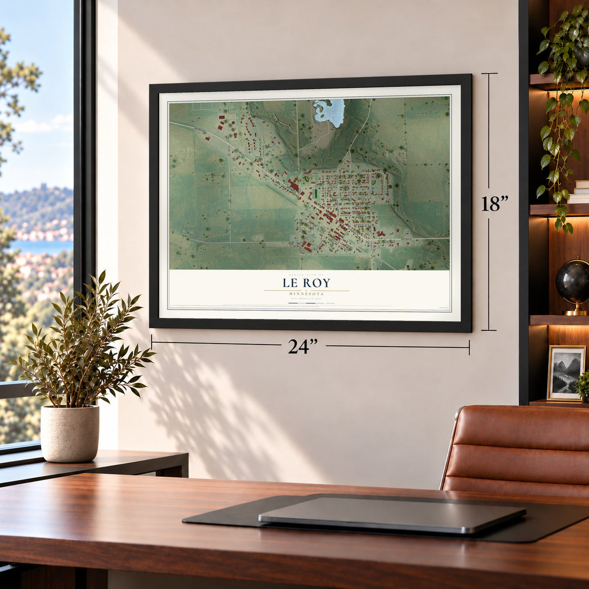 Le Roy, Minnesota map, 18 x 24 inch print in a black frame in a home office