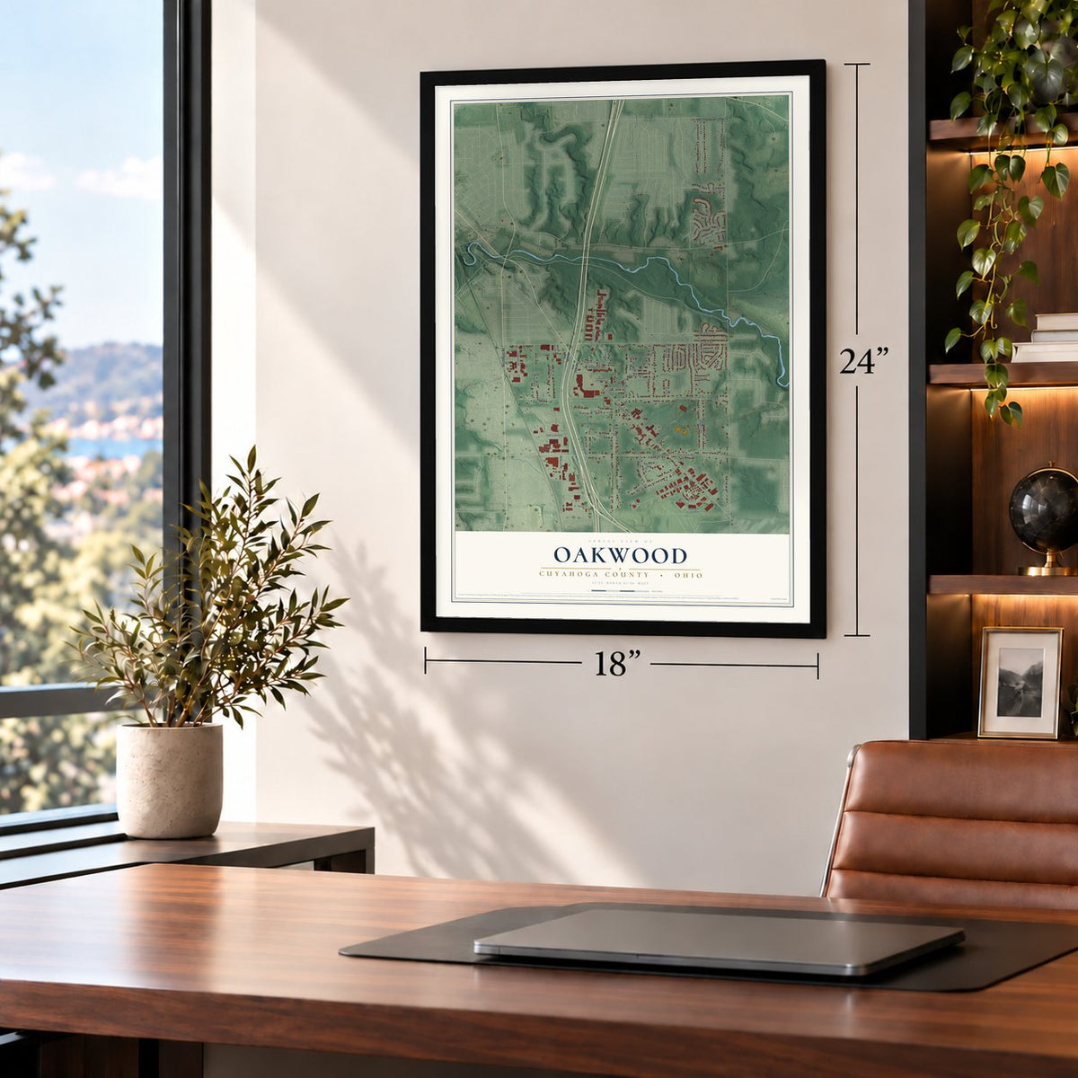 Oakwood, Cuyahoga County, Ohio map, 18 x 24 inch print in a black frame in a home office