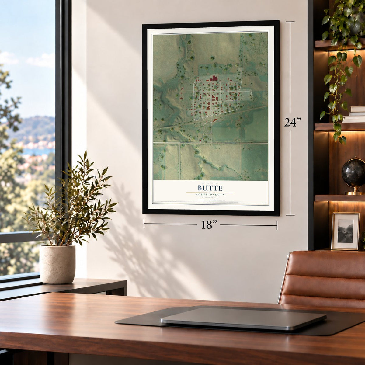 Butte, North Dakota map, 18 x 24 inch print in a black frame in a home office