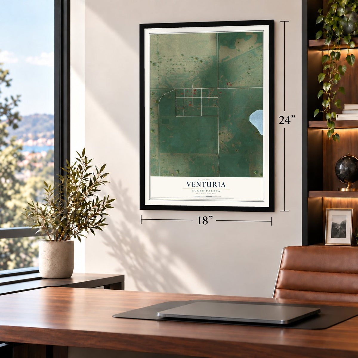 Venturia, North Dakota map, 18 x 24 inch print in a black frame in a home office