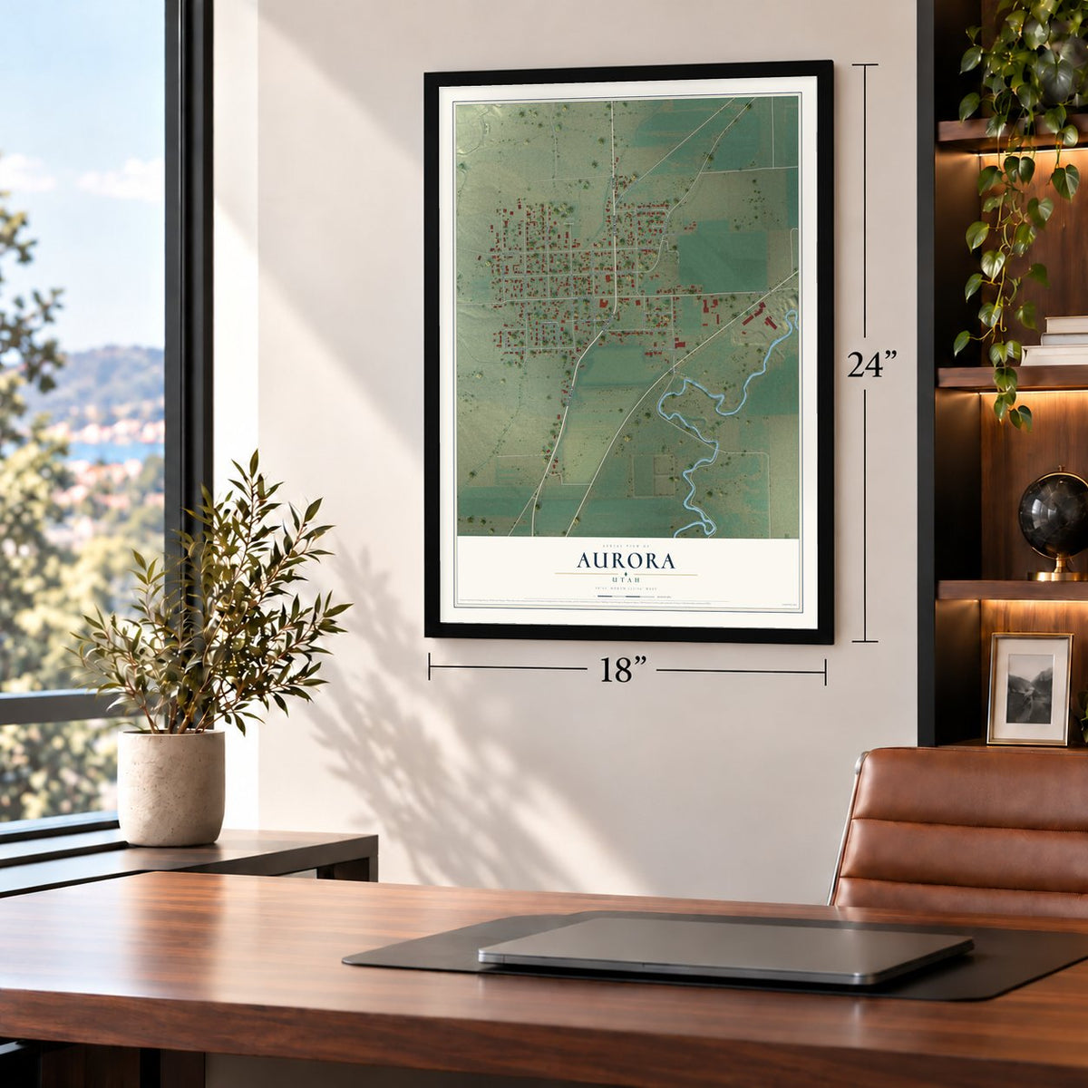 Aurora, Utah map, 18 x 24 inch print in a black frame in a home office