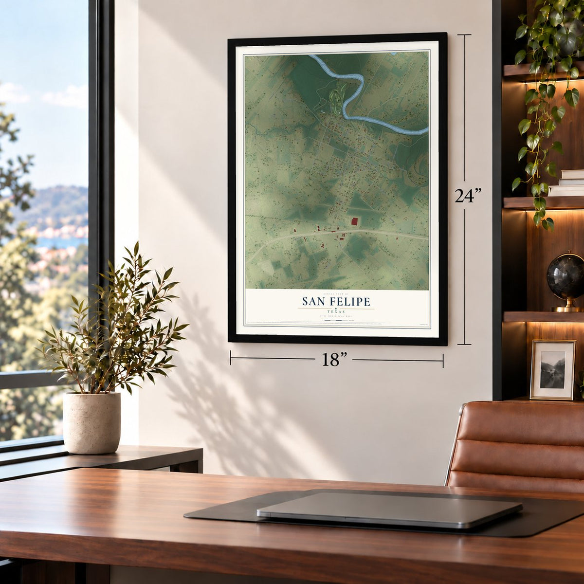 San Felipe, Texas map, 18 x 24 inch print in a black frame in a home office
