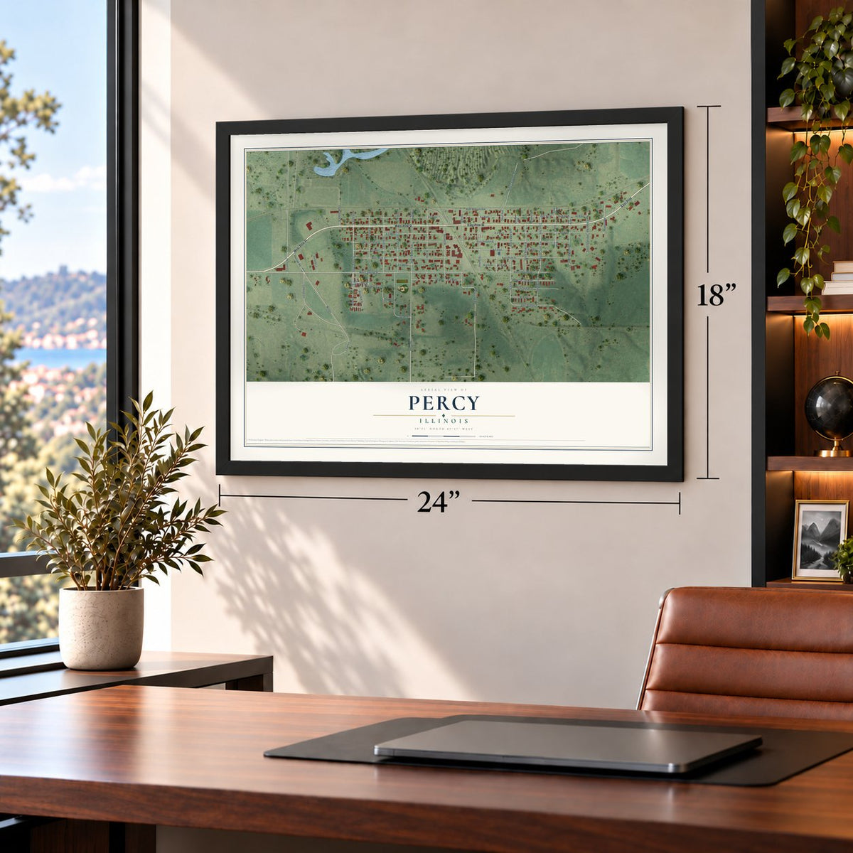 Percy, Illinois map, 18 x 24 inch print in a black frame in a home office