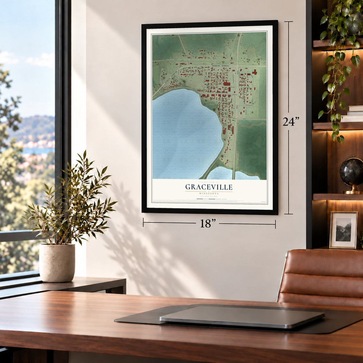 Graceville, Minnesota map, 18 x 24 inch print in a black frame in a home office