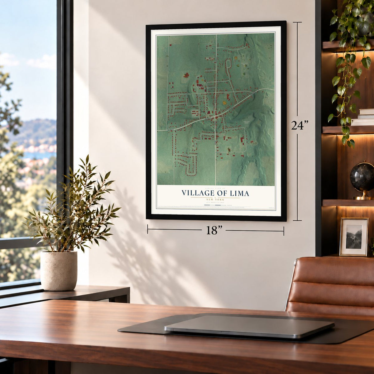Village of Lima, New York map, 18 x 24 inch print in a black frame in a home office