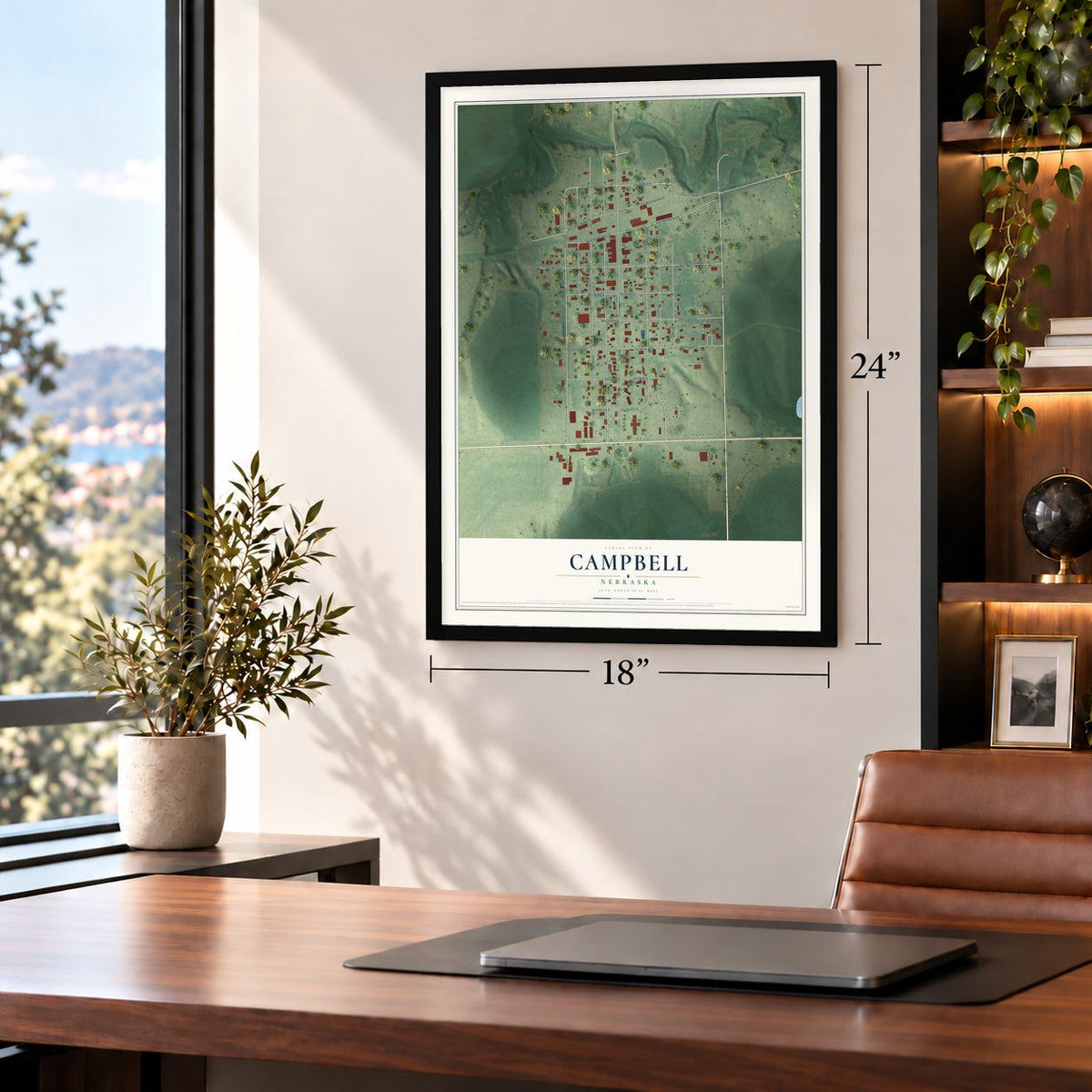 Campbell, Nebraska map, 18 x 24 inch print in a black frame in a home office