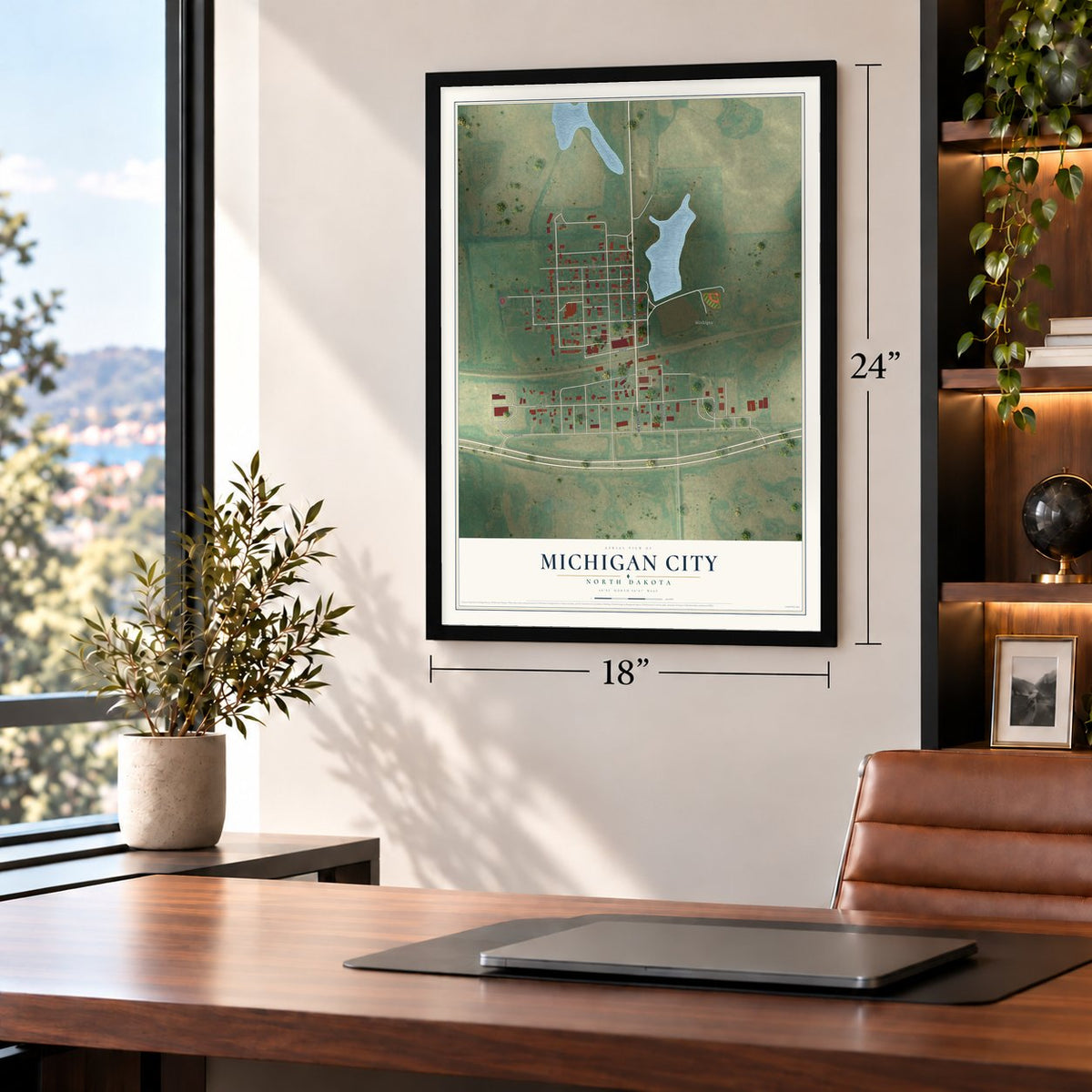 Michigan City, North Dakota map, 18 x 24 inch print in a black frame in a home office