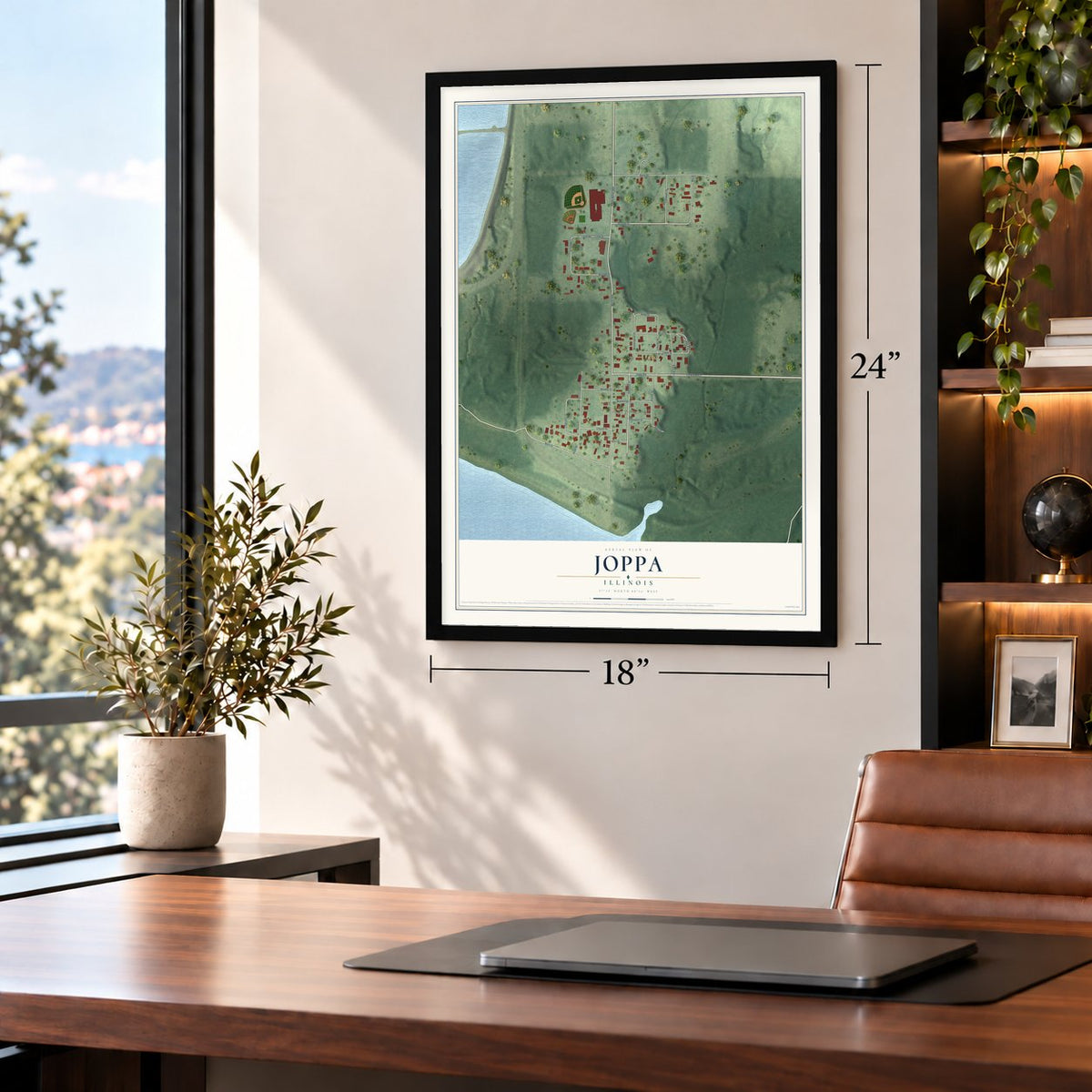 Joppa, Illinois map, 18 x 24 inch print in a black frame in a home office