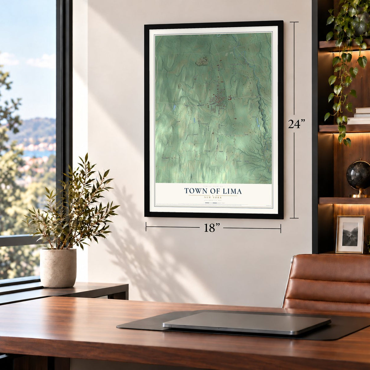Town of Lima, New York map, 18 x 24 inch print in a black frame in a home office