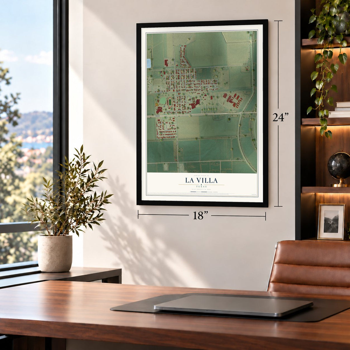La Villa, Texas map, 18 x 24 inch print in a black frame in a home office