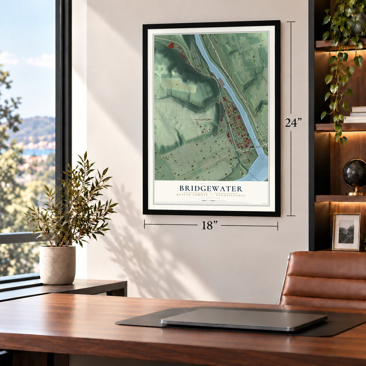 Bridgewater, Beaver County, Pennsylvania map, 18 x 24 inch print in a black frame in a home office