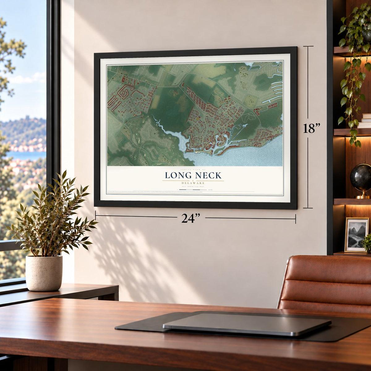 Long Neck, Delaware map, 18 x 24 inch print in a black frame in a home office