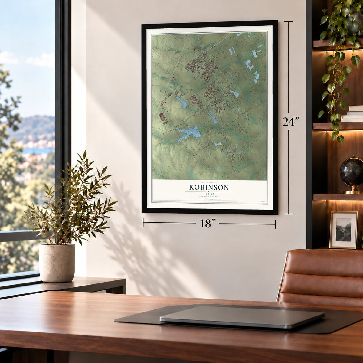 Robinson, Texas map, 18 x 24 inch print in a black frame in a home office