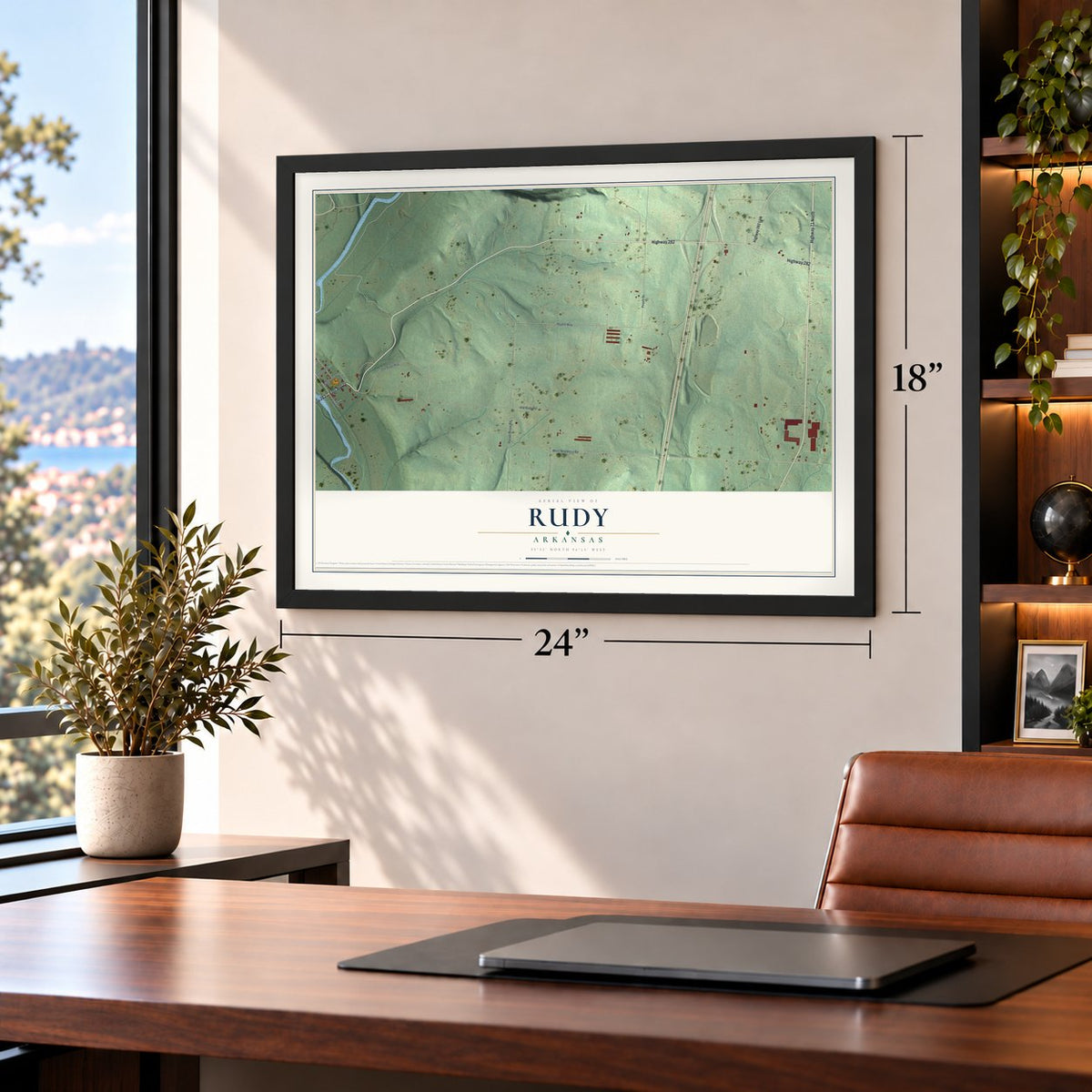 Rudy, Arkansas map, 18 x 24 inch print in a black frame in a home office