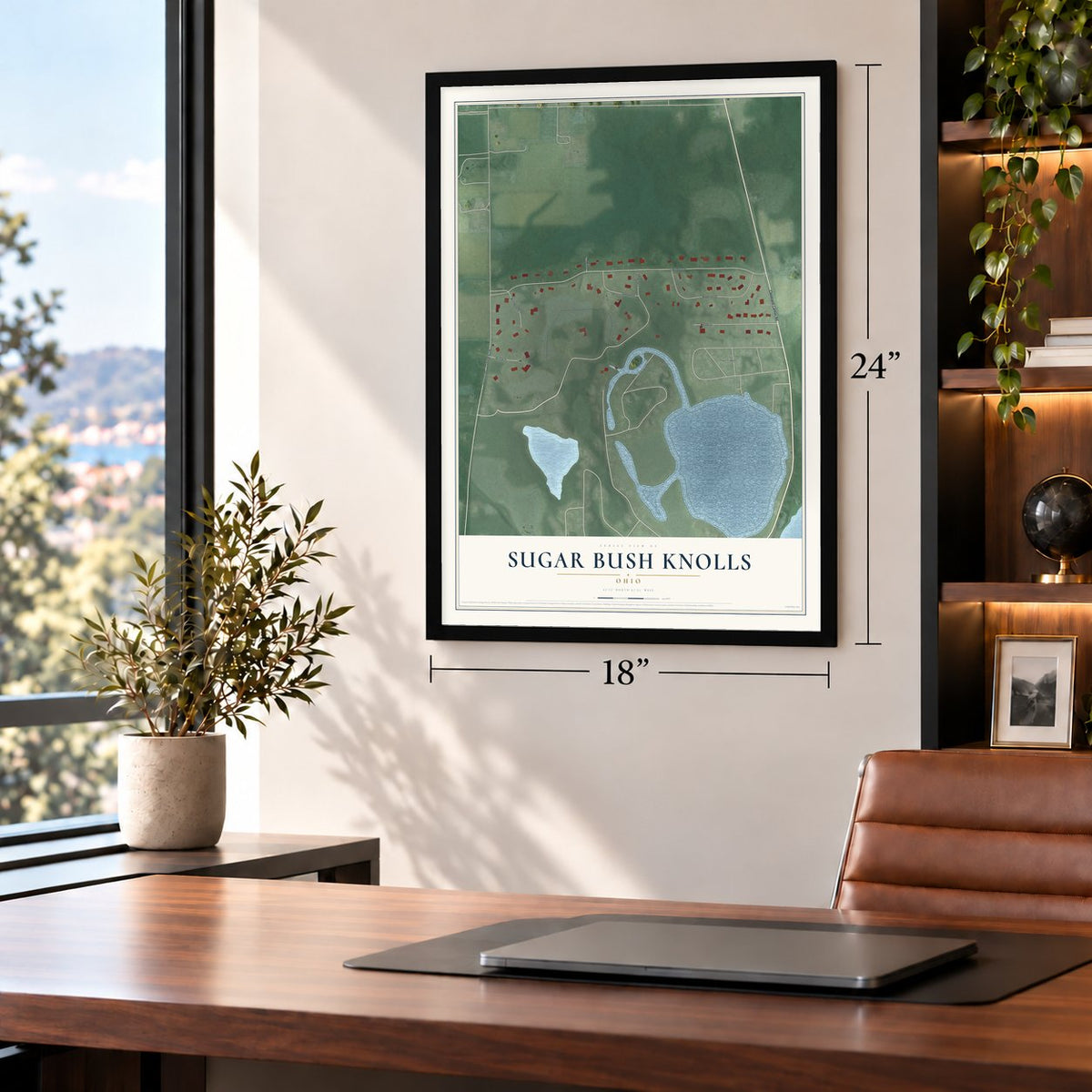 Sugar Bush Knolls, Ohio map, 18 x 24 inch print in a black frame in a home office