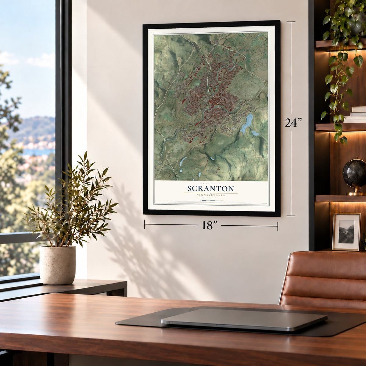 Scranton, Pennsylvania map, 18 x 24 inch print in a black frame in a home office