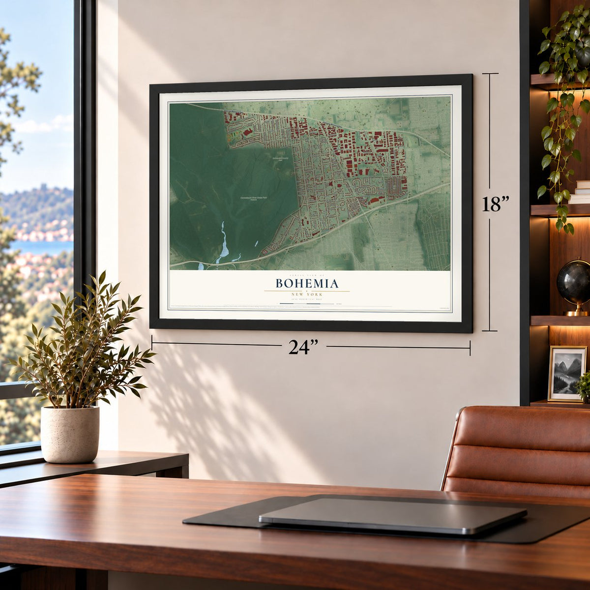 Bohemia, New York map, 18 x 24 inch print in a black frame in a home office