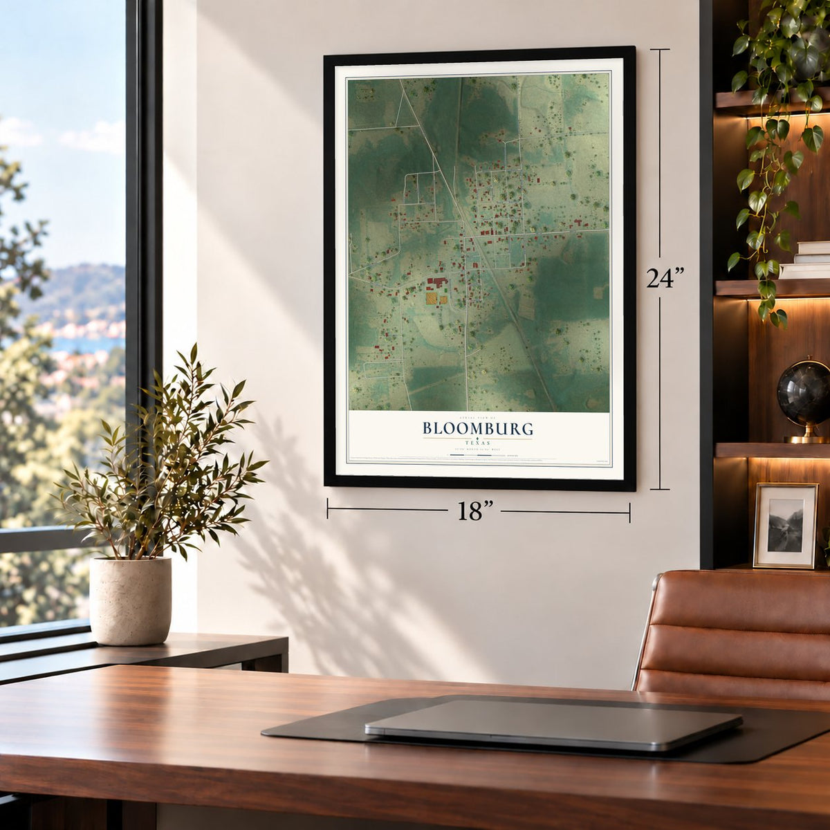 Bloomburg, Texas map, 18 x 24 inch print in a black frame in a home office