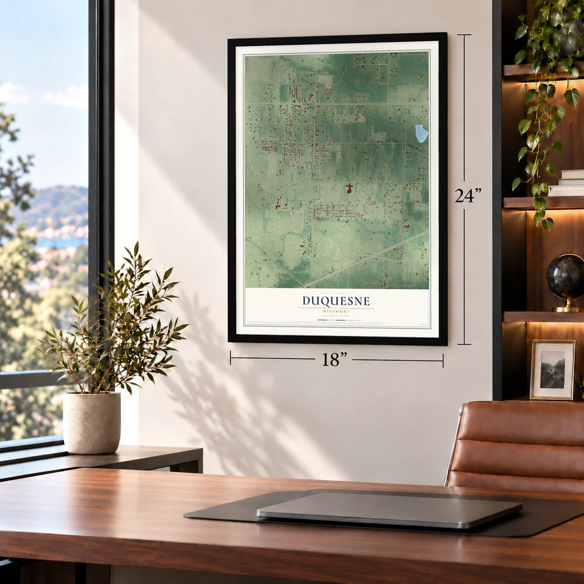 Duquesne, Missouri map, 18 x 24 inch print in a black frame in a home office