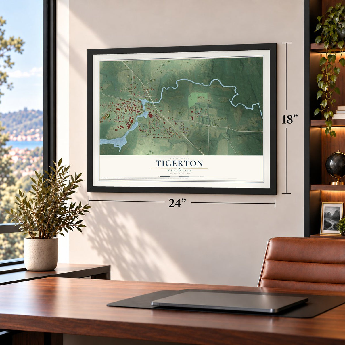 Tigerton, Wisconsin map, 18 x 24 inch print in a black frame in a home office