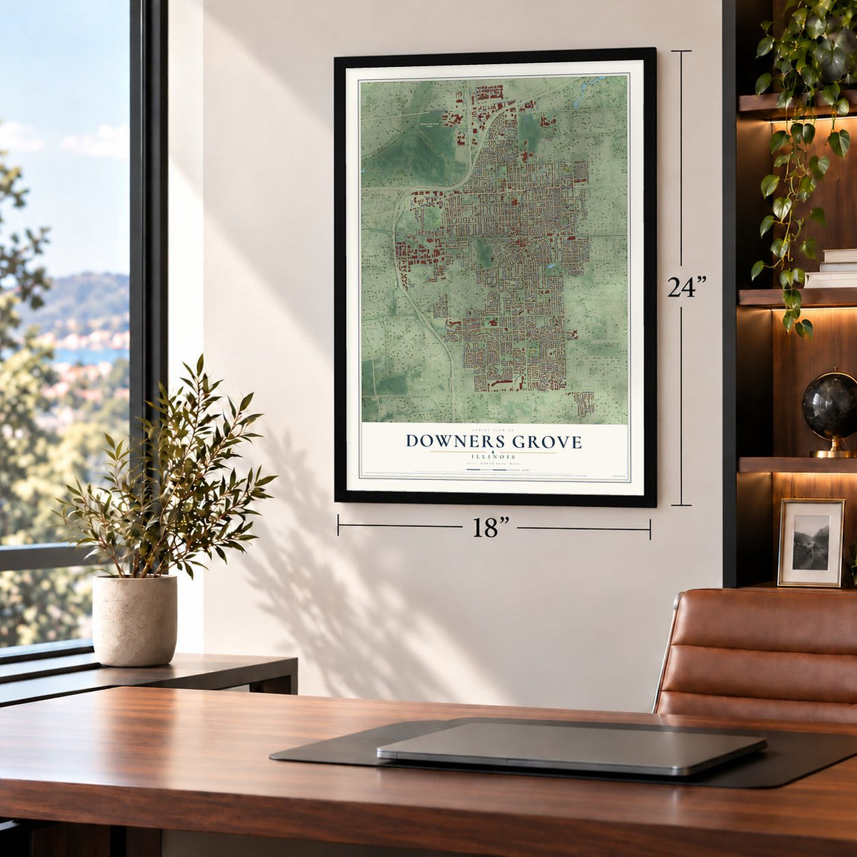 Downers Grove, Illinois map, 18 x 24 inch print in a black frame in a home office