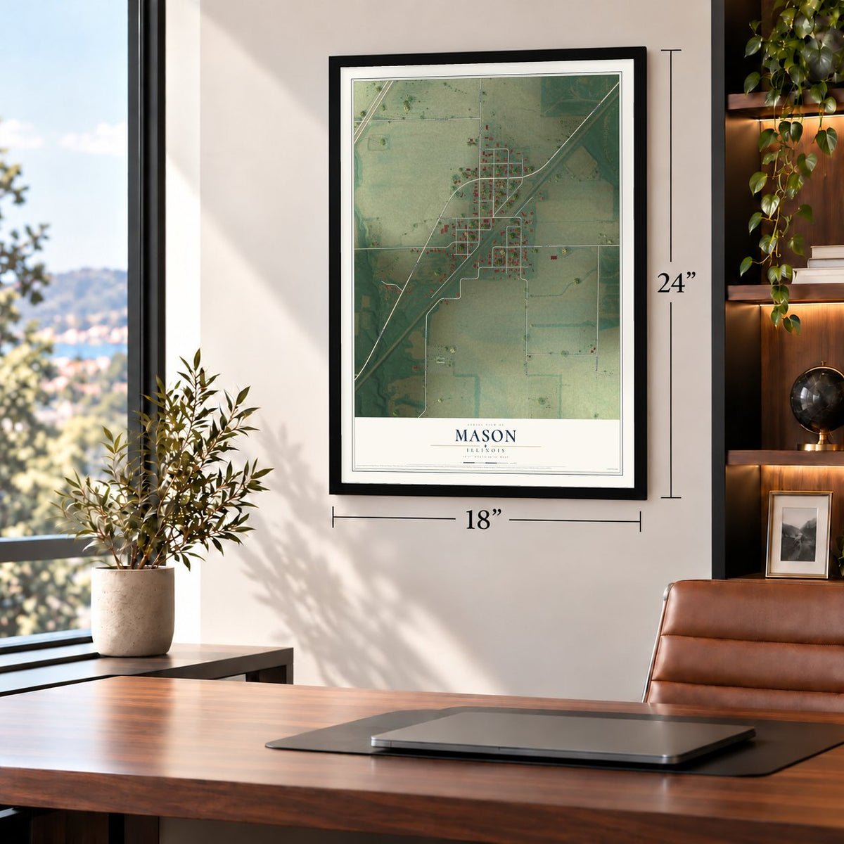 Mason, Illinois map, 18 x 24 inch print in a black frame in a home office