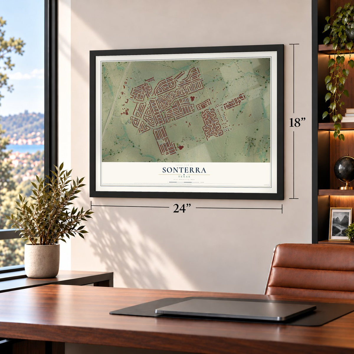 Sonterra, Texas map, 18 x 24 inch print in a black frame in a home office