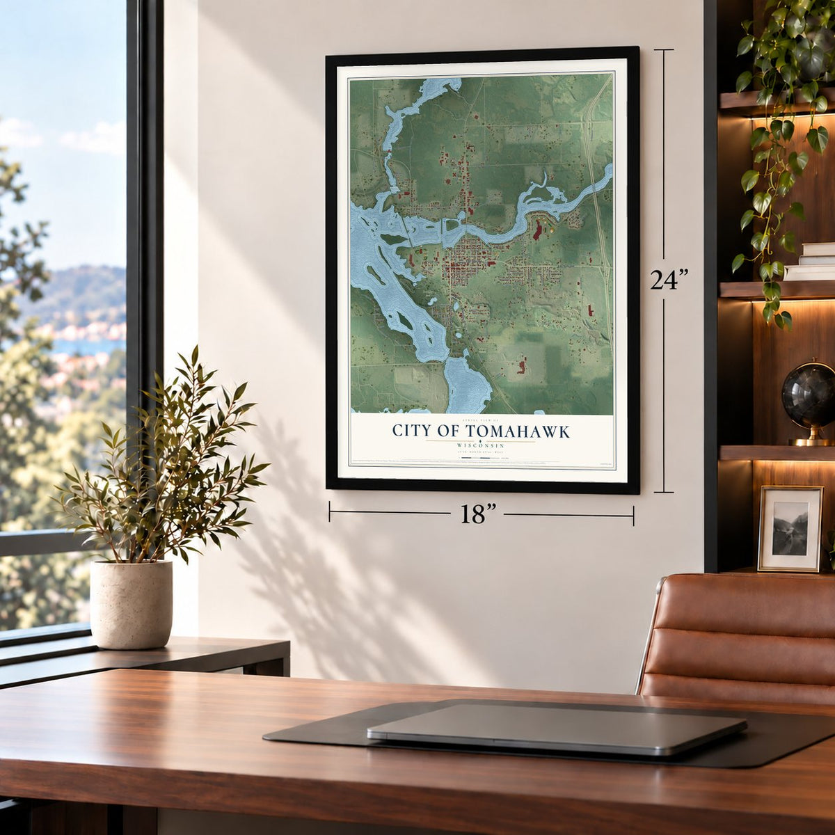 Tomahawk, Wisconsin map, 18 x 24 inch print in a black frame in a home office