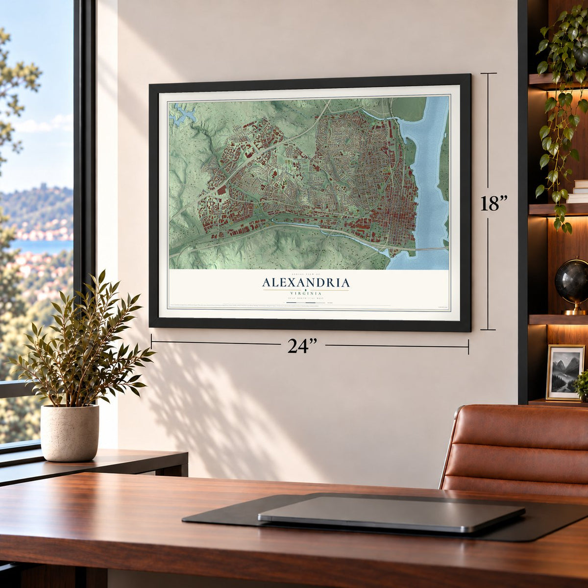 Alexandria, Virginia map, 18 x 24 inch print in a black frame in a home office