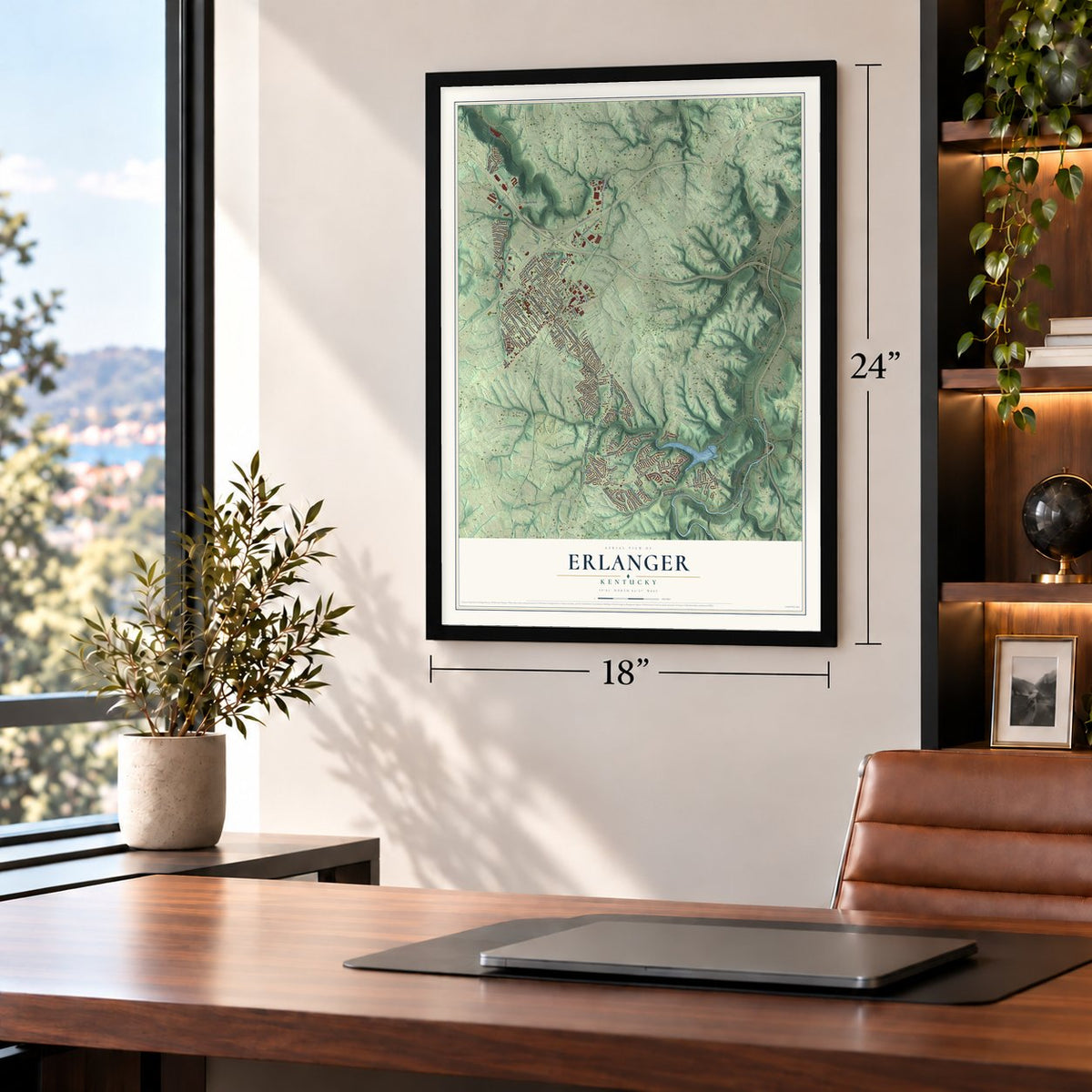 Erlanger, Kentucky map, 18 x 24 inch print in a black frame in a home office
