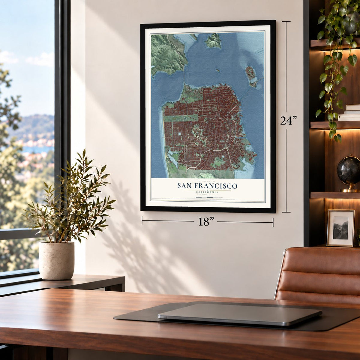 San Francisco, California map, 18 x 24 inch print in a black frame in a home office