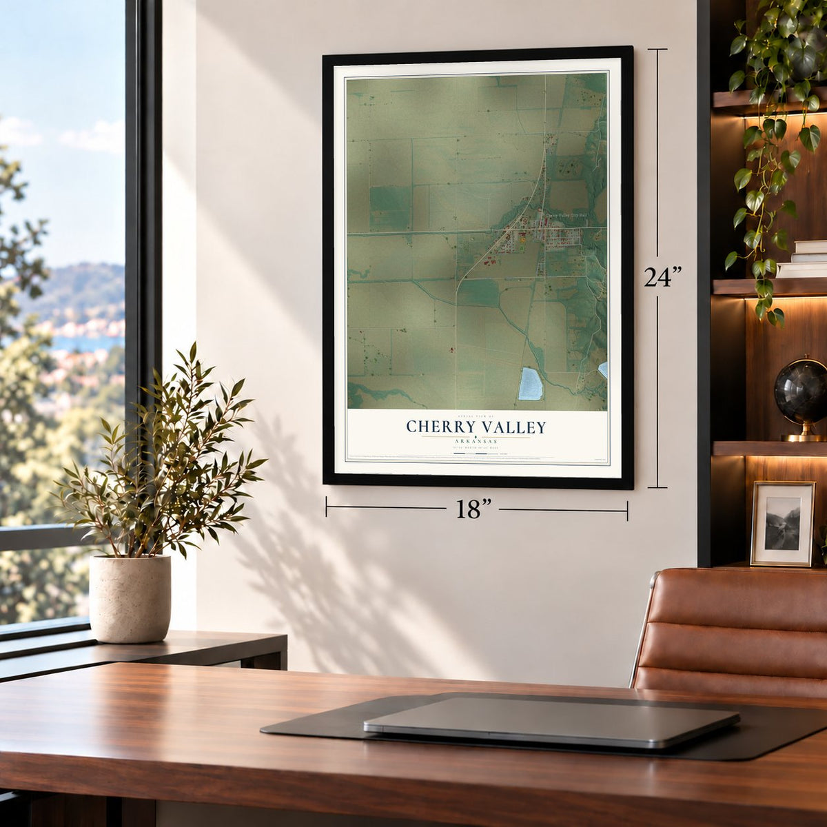 Cherry Valley, Arkansas map, 18 x 24 inch print in a black frame in a home office